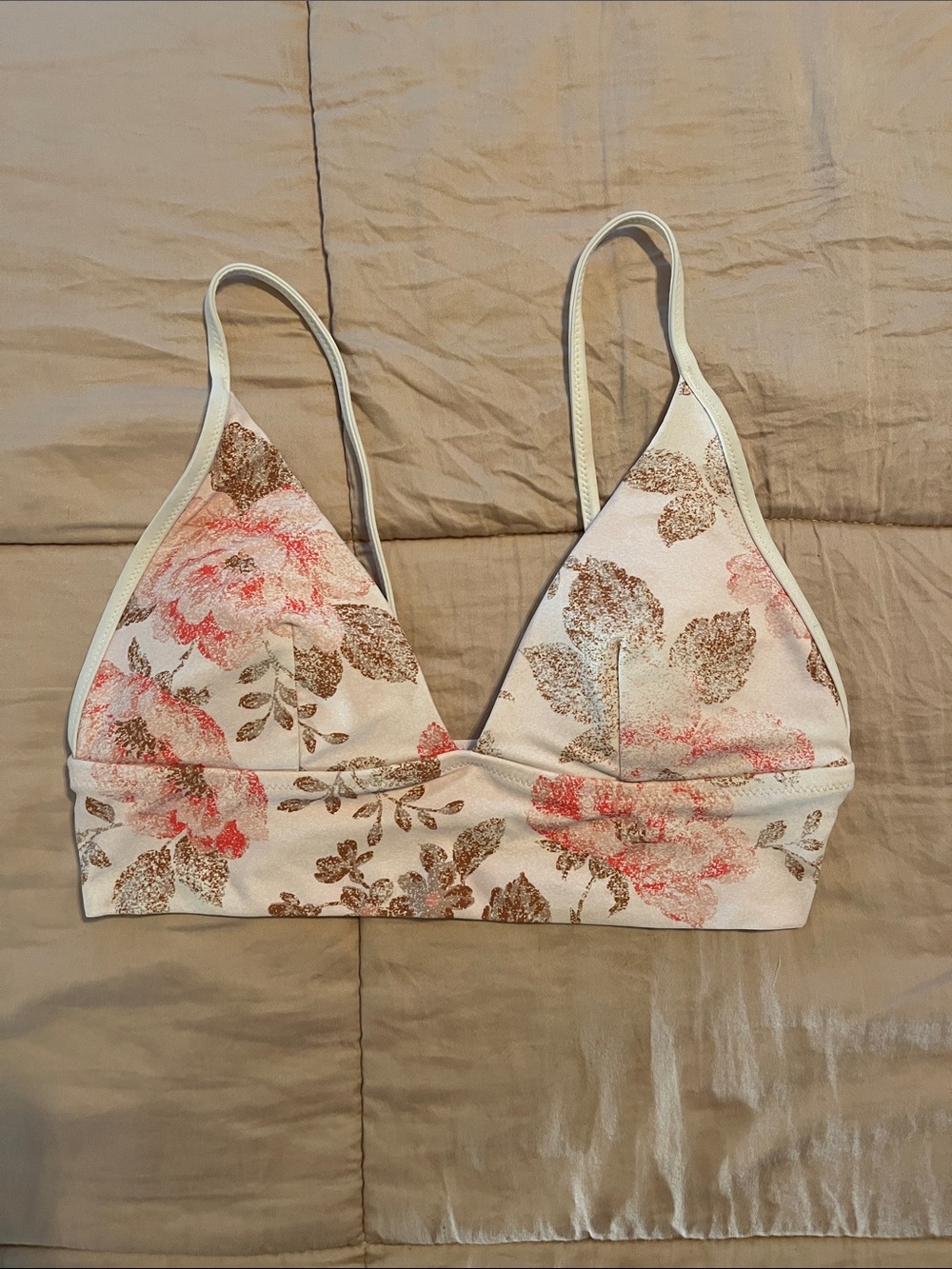 aerie Floral Triangle Bikini Top in Cream, Pink, Brown